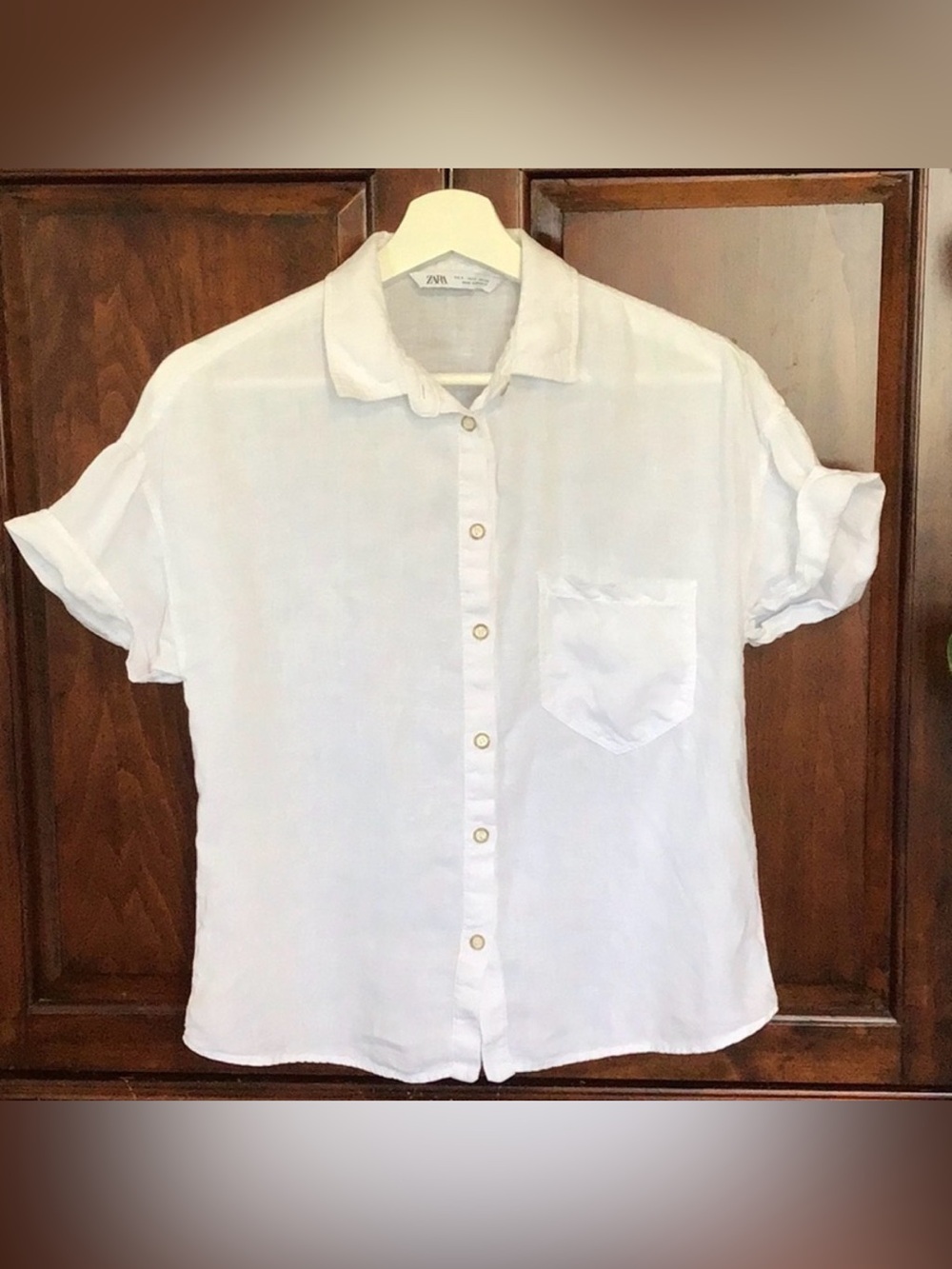 ZARA 100% linen blouse, short cap sleeve, faux shell buttons, Sz S